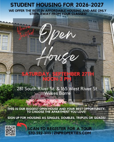 OPEN HOUSE! Sign up via link below... SEPT 27, 2025 TOUR EVERY PROPERTY! BORDERING Wilkes and Kings CAMPUS!BORDERING Wilkes + Kings   ALL INCLUSIVE STUDENT APARTMENTS ..1+2+3+4 BR Mansion style  Wilkes U (walk to class)  Kings 2 min. ..Check out the West River Loft Apartments for groups up to 8