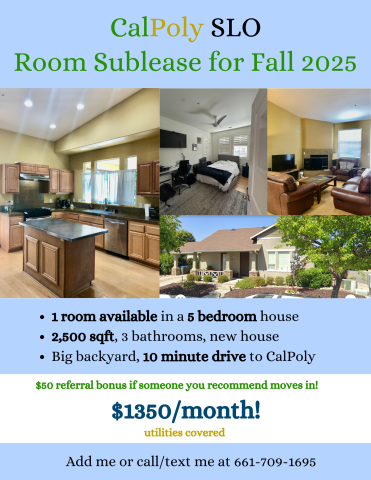 CalPoly SLO Room Sublease for Fall 2025