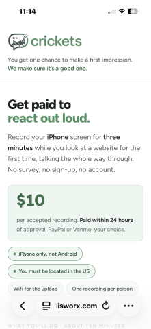 [iPhone] $10 to record a 3-minute reaction to a website - 24hr payout (Remote)