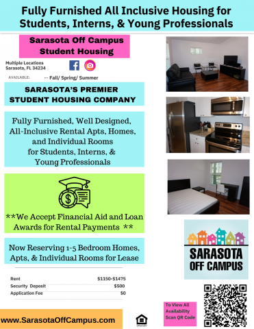 Fully Furnished All Inclusive Private Single Bedrooms and Whole Homes  for Students --Ringling College of Art and Design, USF, New College and others