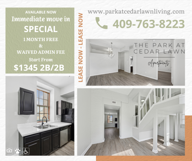2 bedroom Flash Sale $1345 @ Park at Cedar Lawn
